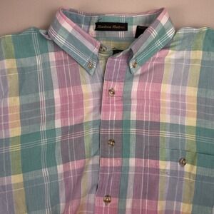 VTG Eddie Bauer Shirt L Mens S/S Button Down Manteca Madras Rainbow Plaid VGUC‎